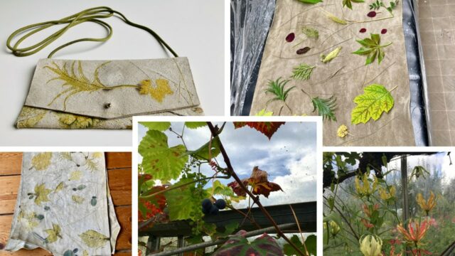 Jeanne Rops tasje van ecoprintleer met bloemen uit eigen tuin